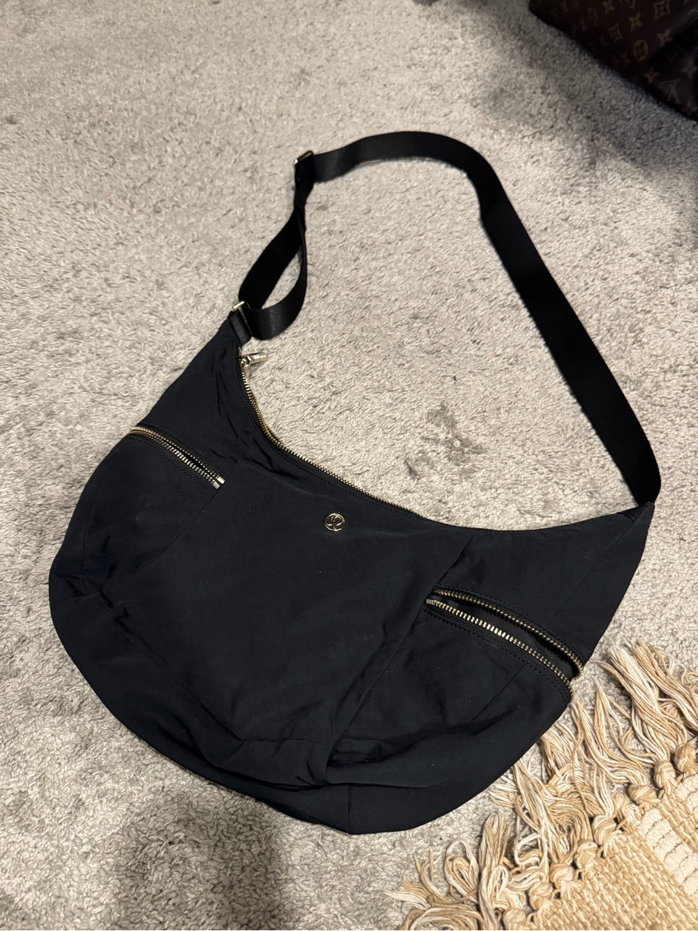 Black Nylon Crossbody Shoulder Bag with Gold Zippers